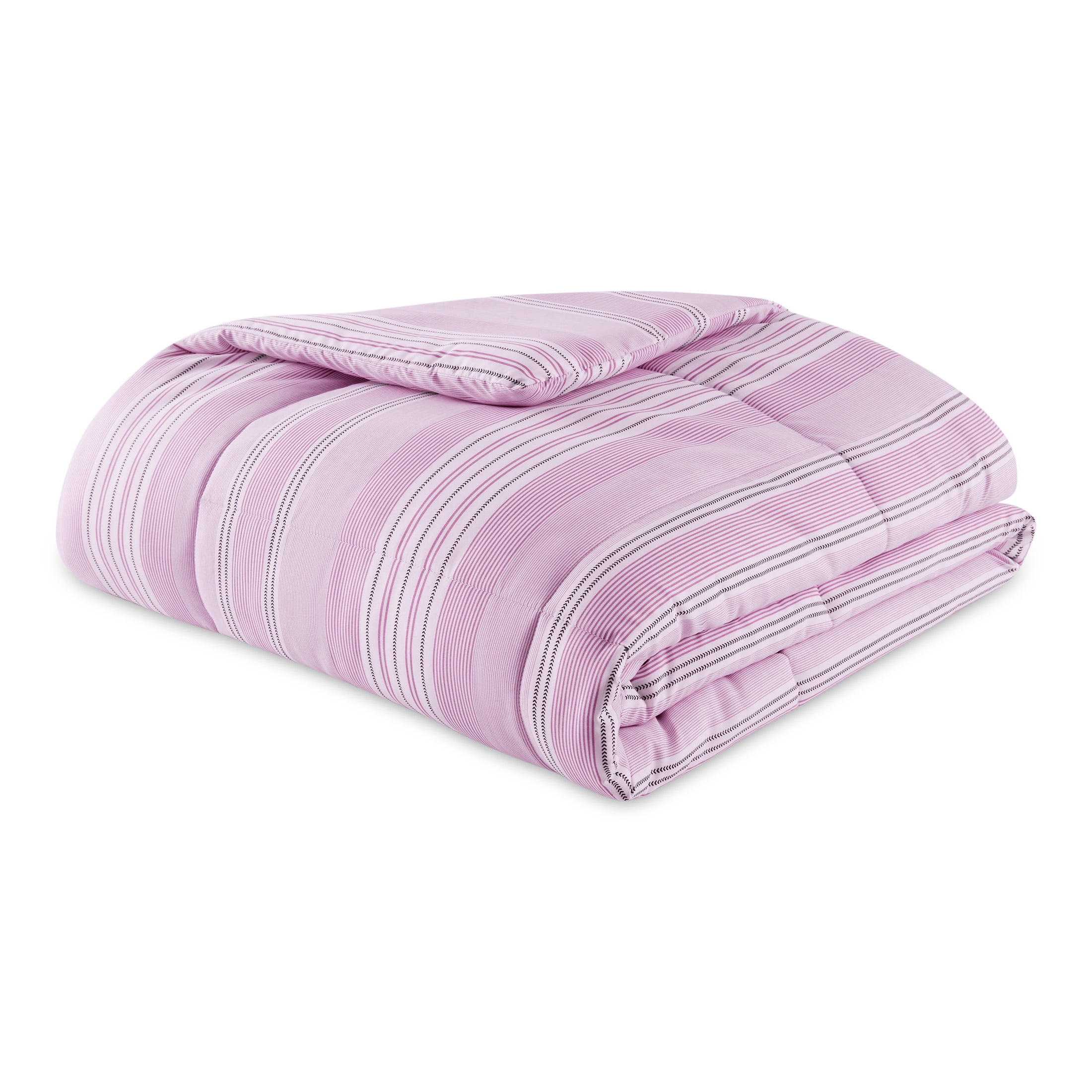 Mainstays All in One Reversible Comforter and Sheet set- 7 Piece, King, Purple and White Stripe