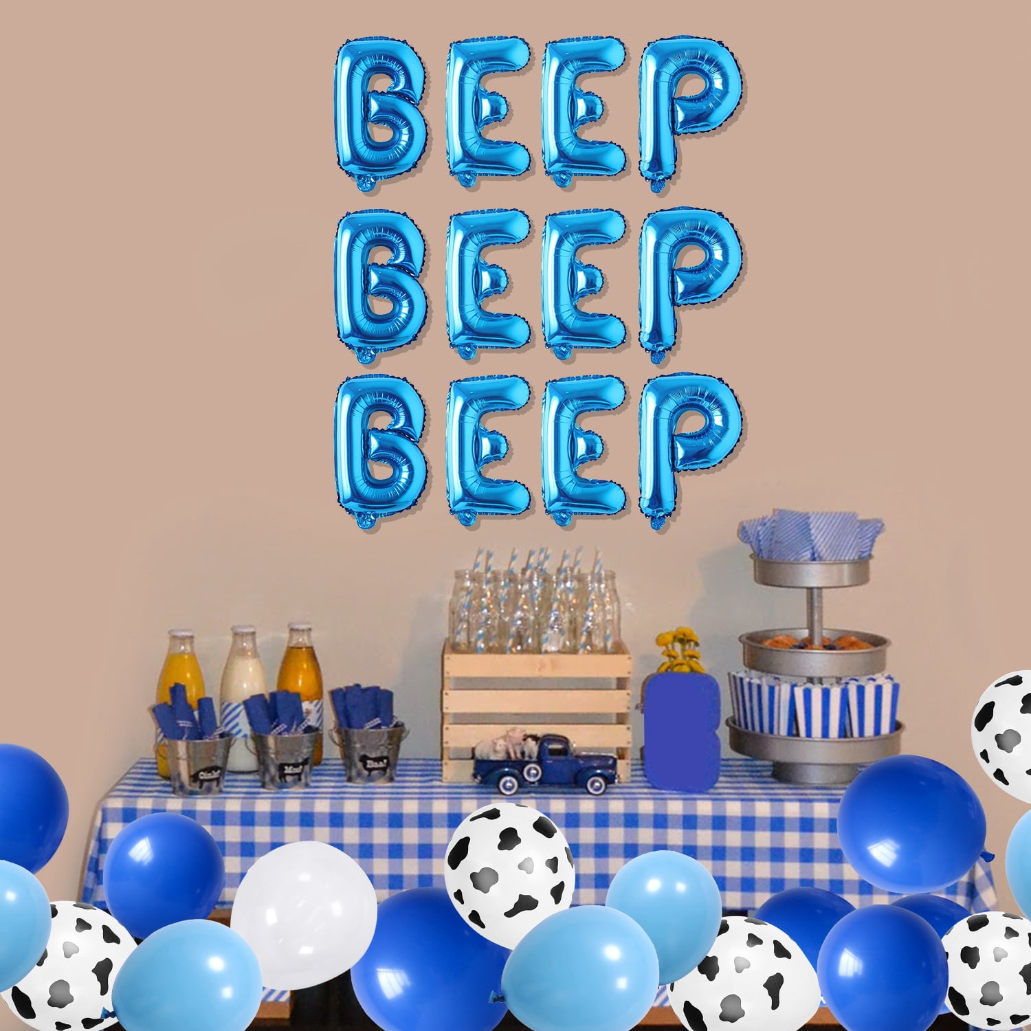 89Pcs Little Blue Truck Farm Birthday Party Decoration, Animal Theme Blue White Latex Balloon Arch Kit with Beep Beep Beep Foil Balloon Banner and Farm Animals Foil Balloon for 1st 2nd 3rd Birthday