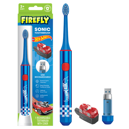 Firefly Slim Sonic Hot Wheels Toothbrush with USB Charging and Antibacterial Cover, Ages 3+, 1 Count
