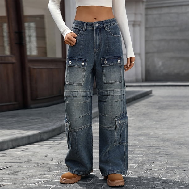 TaTaai Women Solid Color Straight Leg Denim Cargo Pants Multi Pockets Button Design Casual Fashion Jeans Durable Machine Washable Non See-through Daily Outdoor Street Wear Gift