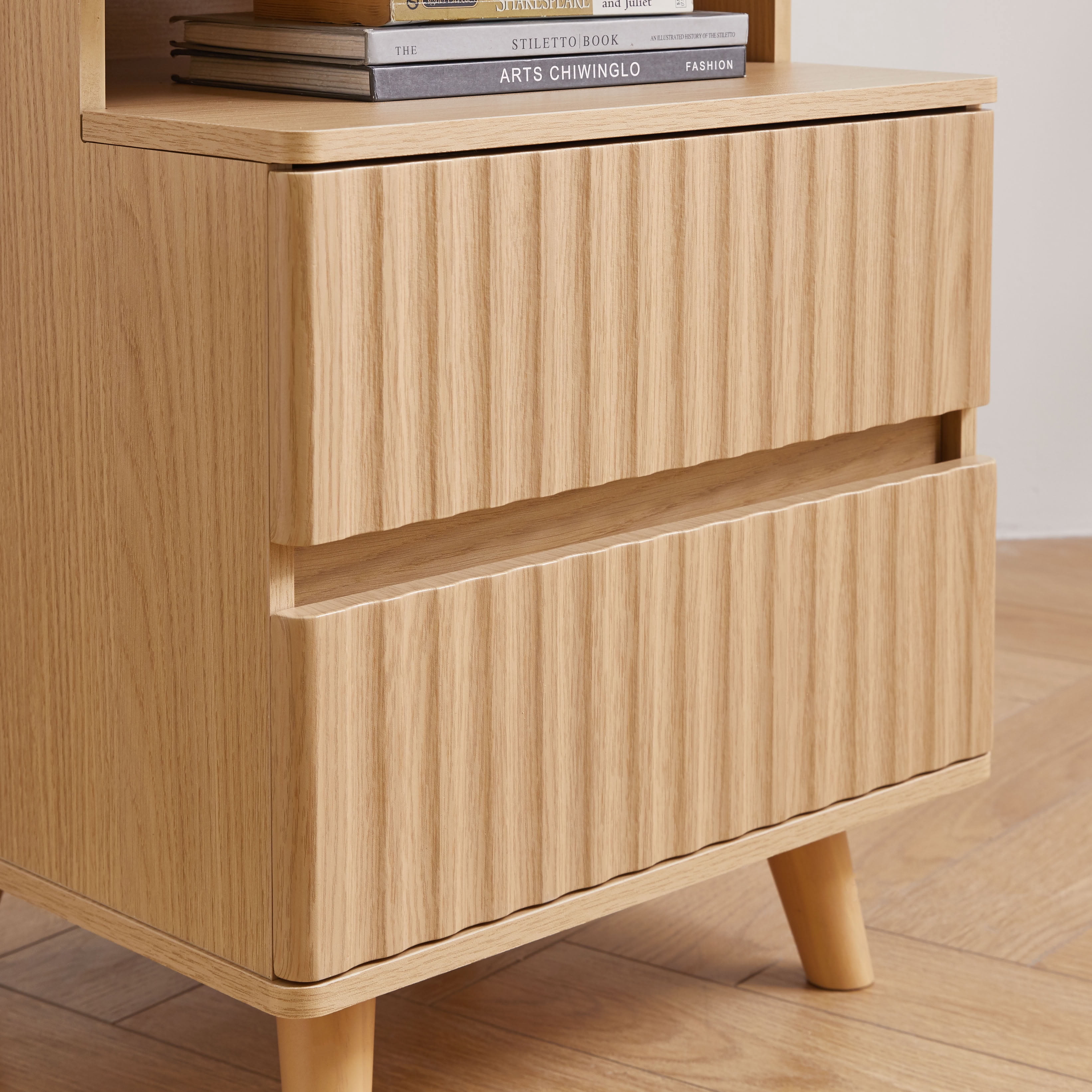 MAYEERTY Modern End Table with Hidden Storage Drawer & Charging Station, Wood Side Table with 2 Drawers and Open Shelf, for Bedroom Living Room