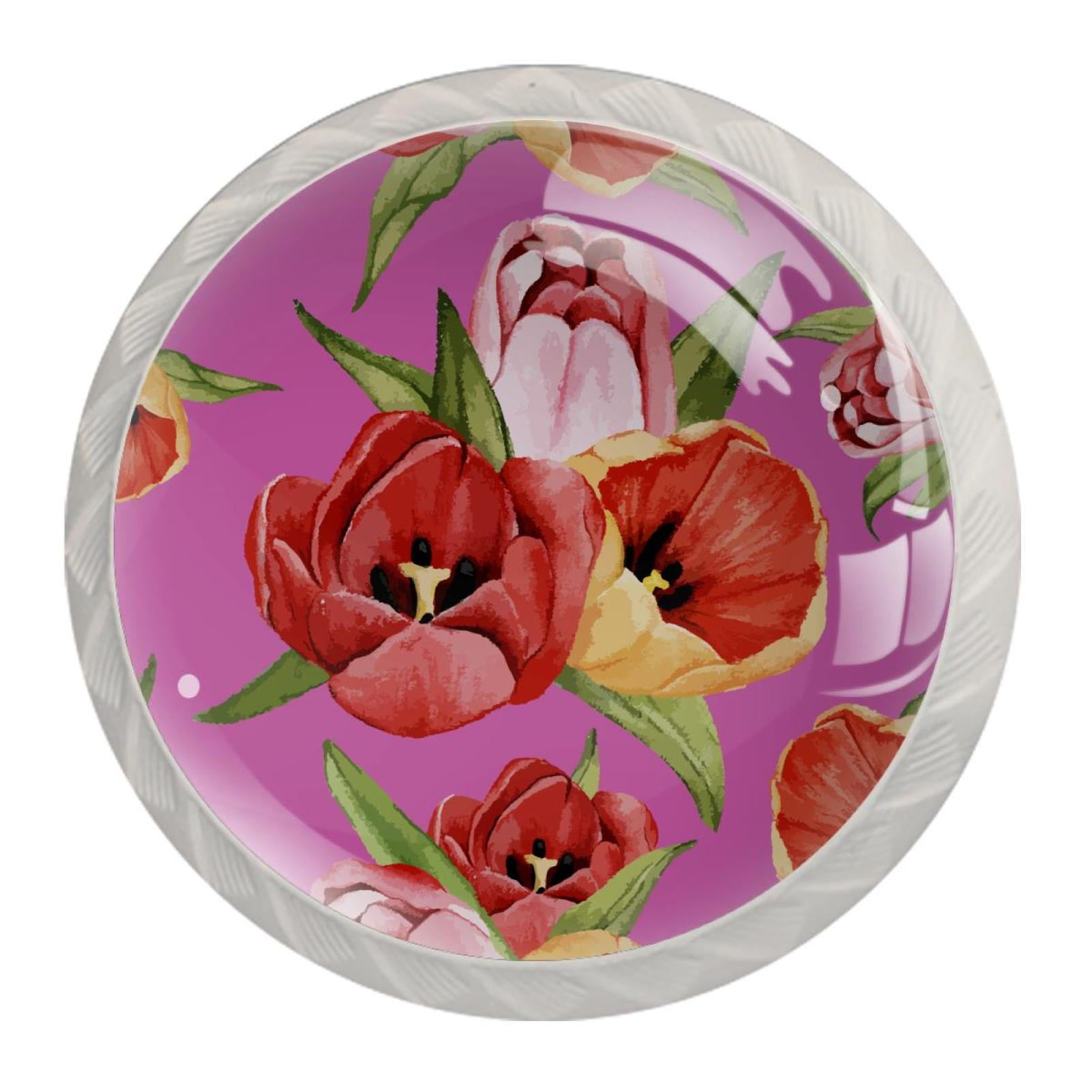 4 Pcs Red Tulip Flowers Knobs for Kitchen Cupboard Dresser