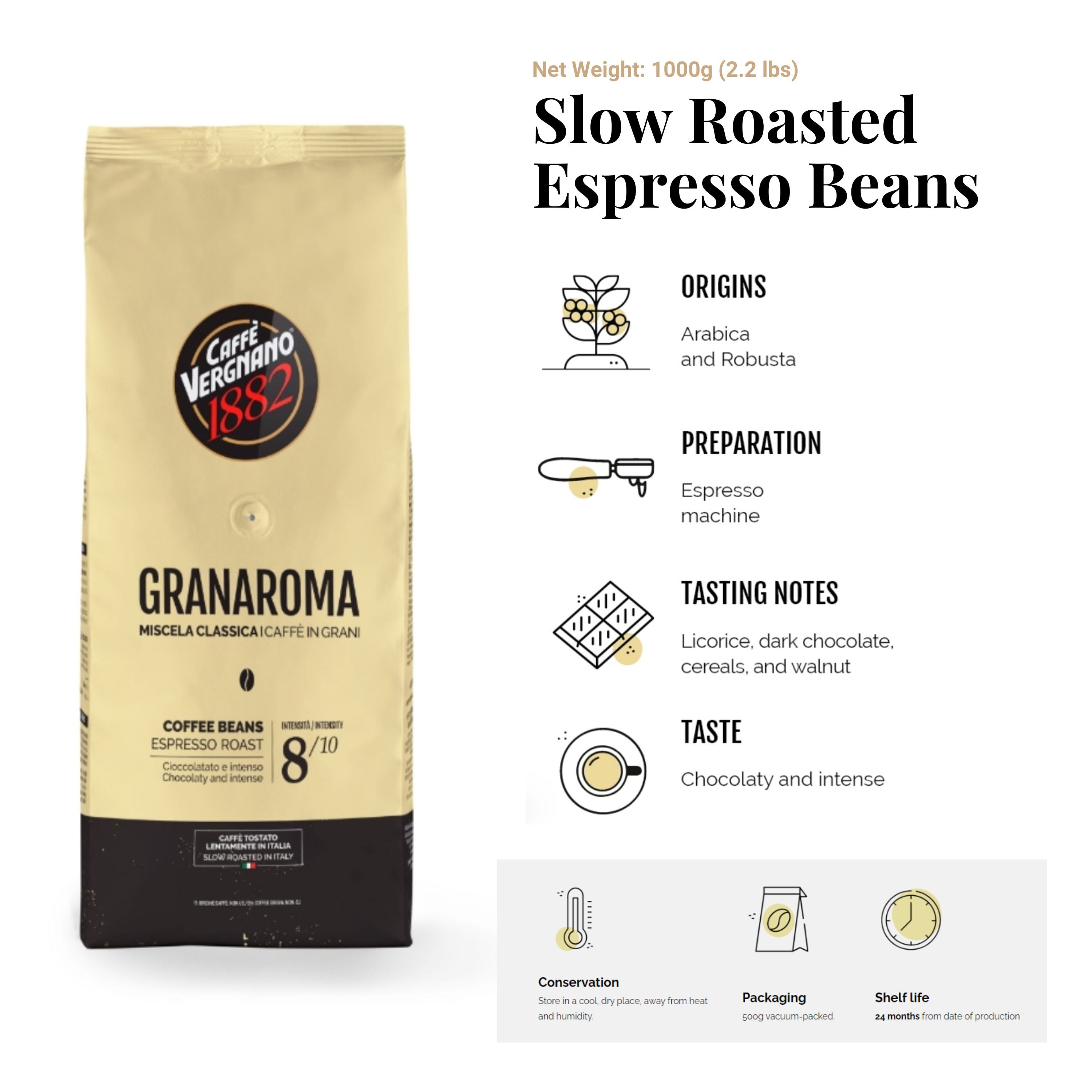 Caffe Vergnano 1882 Gran Aroma Whole Bean Arabica Medium Espresso Roast Coffee, 2.2lbs Bag