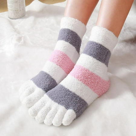 

2 Pair Full Toe Socks Toe Separated Coral Fleece Socks Warm Soft Breathable Mid-Tube Colorful Stripe Socks for Women Men