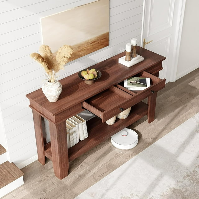 54 Inch Farmhouse Console Table with 2 Drawers & Open Storage Shelf – Rustic Brown Wooden Entryway Table for Living Room, Hallway, Foyer, or Behind Sofa, Color: Brown