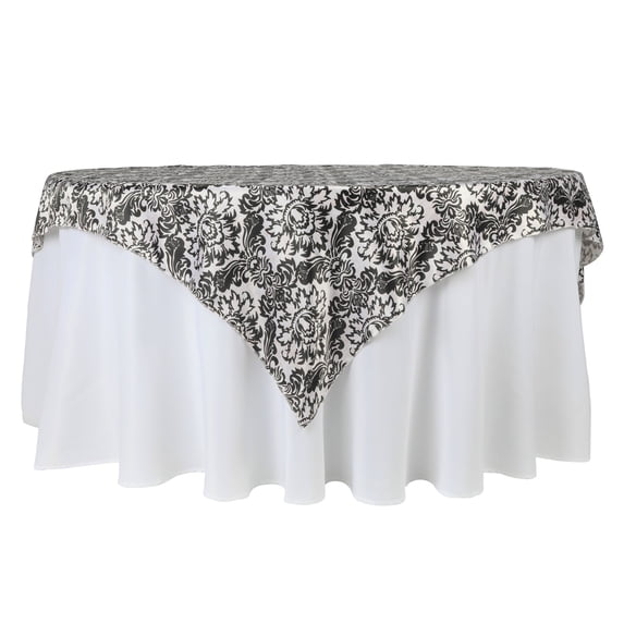 Satin Table Overlay Square Tabletop 72" Damask(Black and White) for Wedding Reception, Party, Catering, Table Linens Decoration