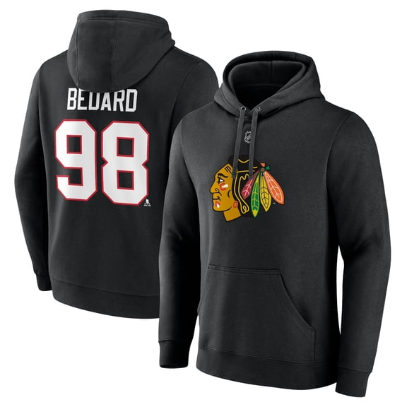 Men's Fanatics Connor Bedard Black Chicago Blackhawks Authentic Stack Name & Number Tri-Blend Pullover Hoodie