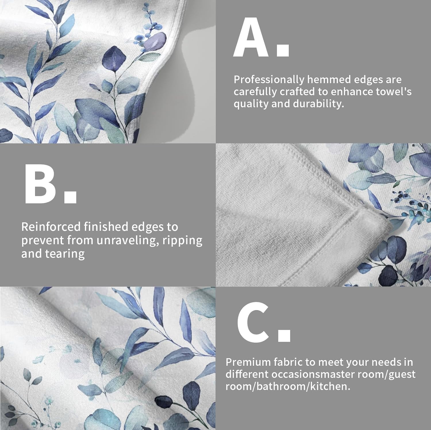 Blue Eucalyptus Leaves Hand Towels Set of 2, Botanical Leaf Floral Face Towel 28X14 inch, Quick Dry Ultra Absorbent Soft Washcloths for Kitchen Bathroom Yoga Workout Gym