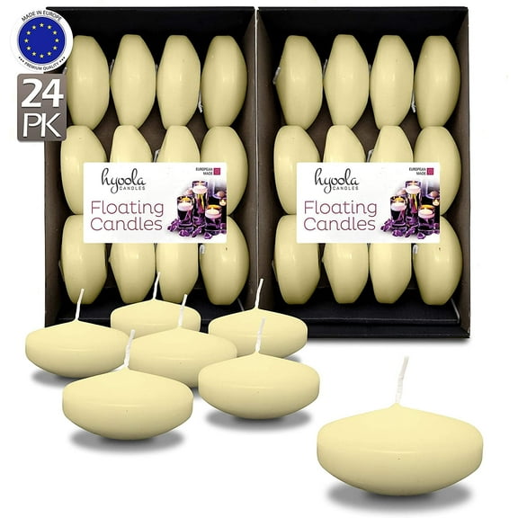 Hyoola 3 inch Round Unscented Ivory European Made Floating Candles, Paraffin Wax with Cotton Wicks, 24-Pack