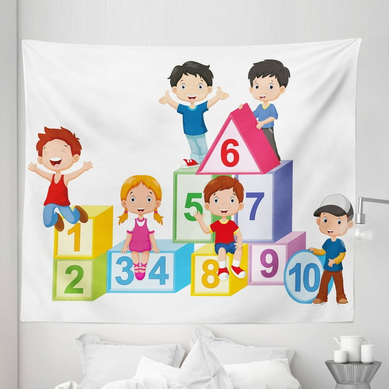 Science Tapestry Happy Boys and Girls with Number Blocks Triangle Rectangle and Square Fabric Wall Hanging Decor for Bedroom Living Room Dorm 5