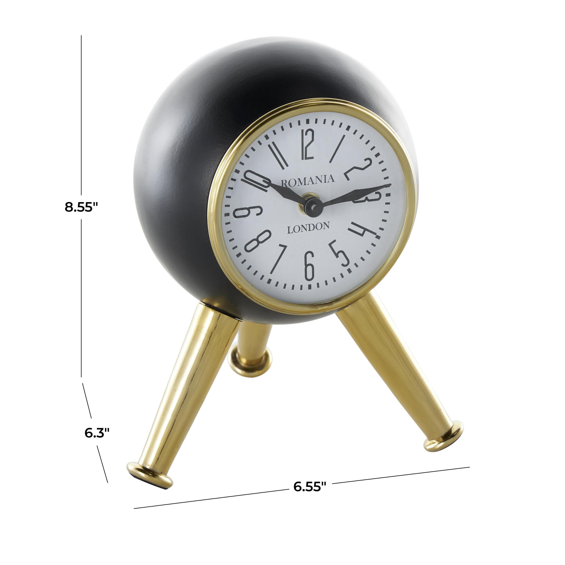 DecMode 9" Black Aluminum Metal Orb Clock with White Clockface and Gold Tripod Legs