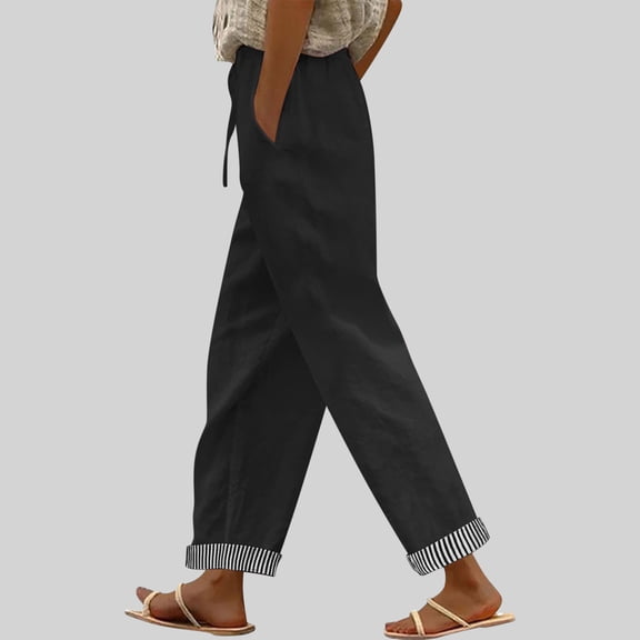 Mifsaly Womens Linen Pants Elastic Waist Drawstring Striped Cuffs Trousers Lightweight Summer Casual Beach Vacation Pant with Pockets XL