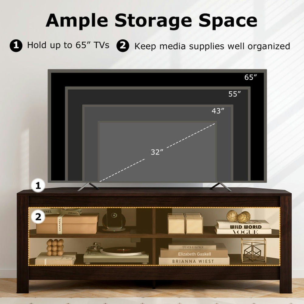 Finihen TV Stand, Entertainment Center, Corner TV Stand with Power Outlet and 4 Open Storage Shelves, for Living Room, Brown