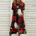 thumbnail image 3 of Women's Halloween Print Round Neck Casual Dress with Pockets Short Sleeve Loose Fit Midi Dress Plus Size for Daily Wear Autumn Outfit Red M, 3 of 6