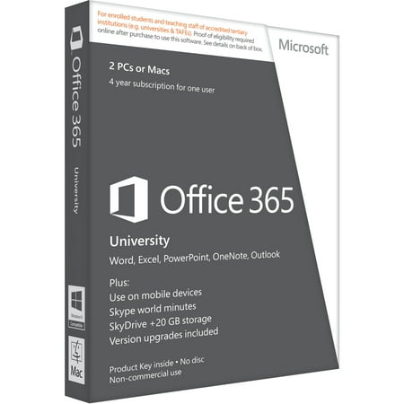 Microsoft Office 365 University 32/64-bit, Subscription License, 2 PC/Mac, 1 Mobile Device, 20 GB Online Capacity, 4 Year