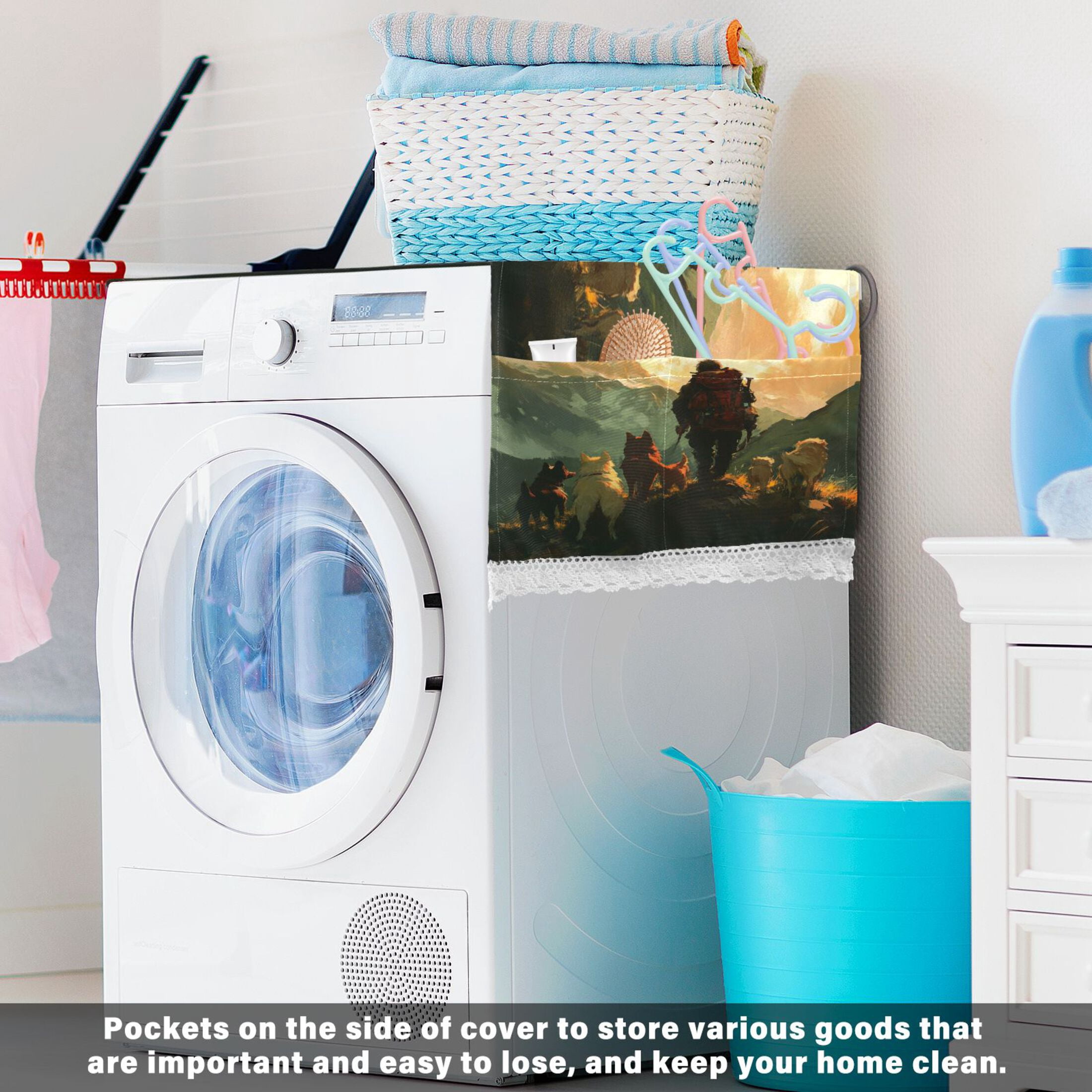 Homeless Man and DogWasher and Dryer Covers Dust-Proof and Oil Resistant Fridge Cover with 4 Storage Pockets Washing Machine Top Cover for Laundry Kitchen Home 51.2 x 22 In