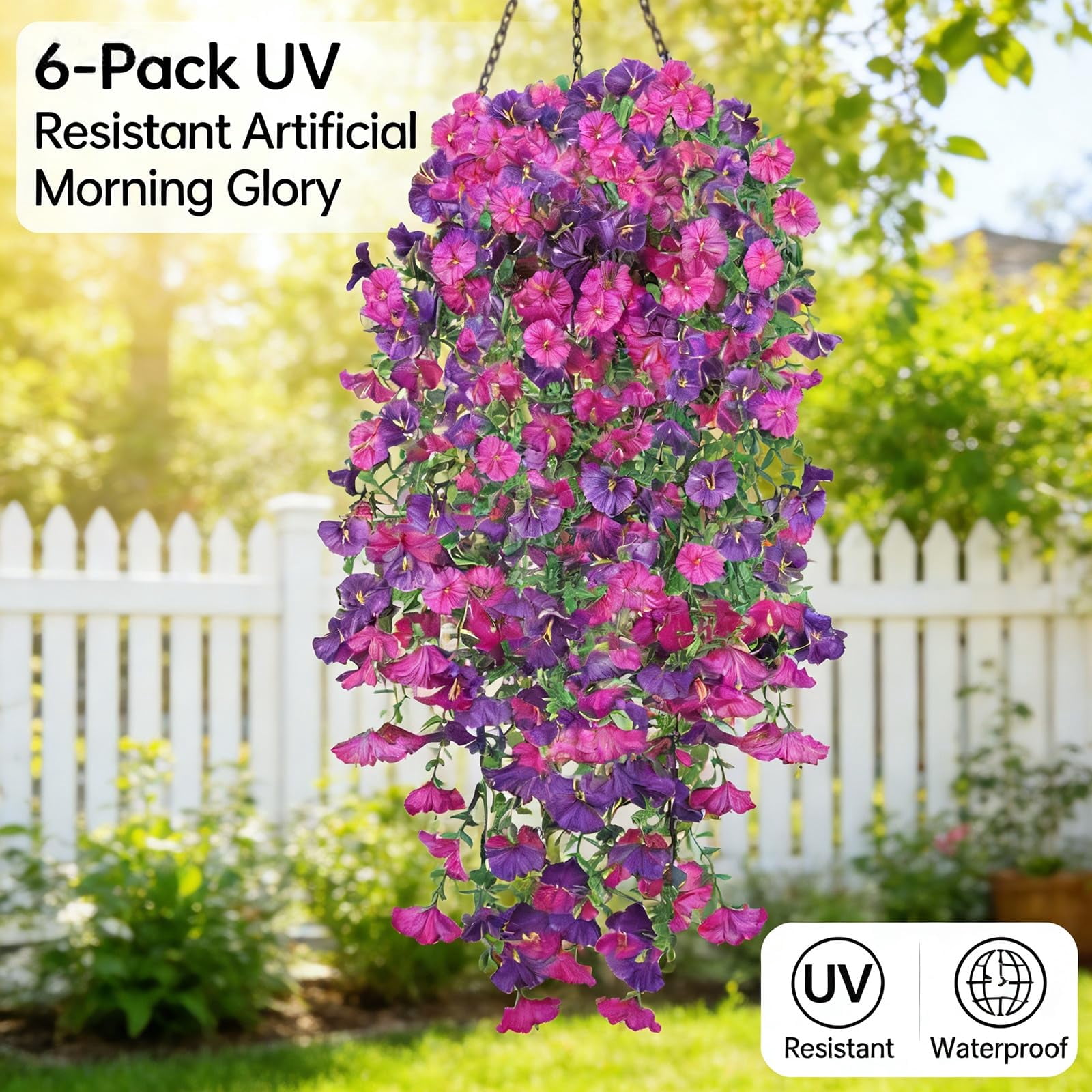 Faux Hanging Pansy Flowers for Outdoors – 6 Pcs UV Resistant Artificial Morning Glory Vine, 69 Blooms, 30″ Cascading Faux Plants for Porch, Garden, Patio Decor