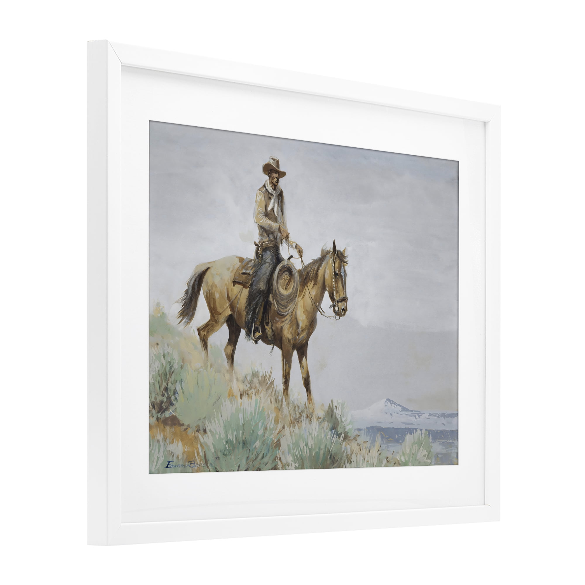 Stupell Industries Mounted Cowboy on Sagebrush Ridge White Framed Print Under Glass, design by Arlington Prints
