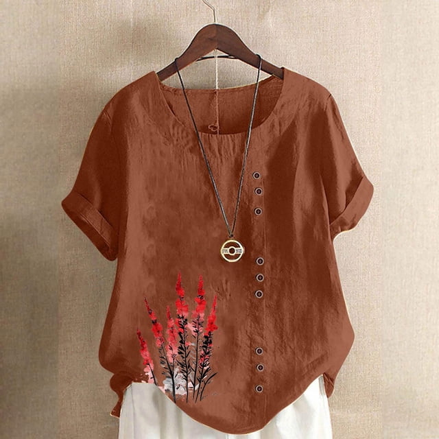 Aqestyerly Haut à Manches Courtes en Solde, T-Shirt Décontracté en Lin à Col Rond Imprimé à Manches Courtes avec Boutons pour Looks Polyvalents/café (TG)