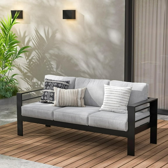 RoyalCarft Patio Furniture Aluminum Sofa, All-Weather Outdoor 3 Seats Couch, Black Metal Chair with Light Grey Cushions