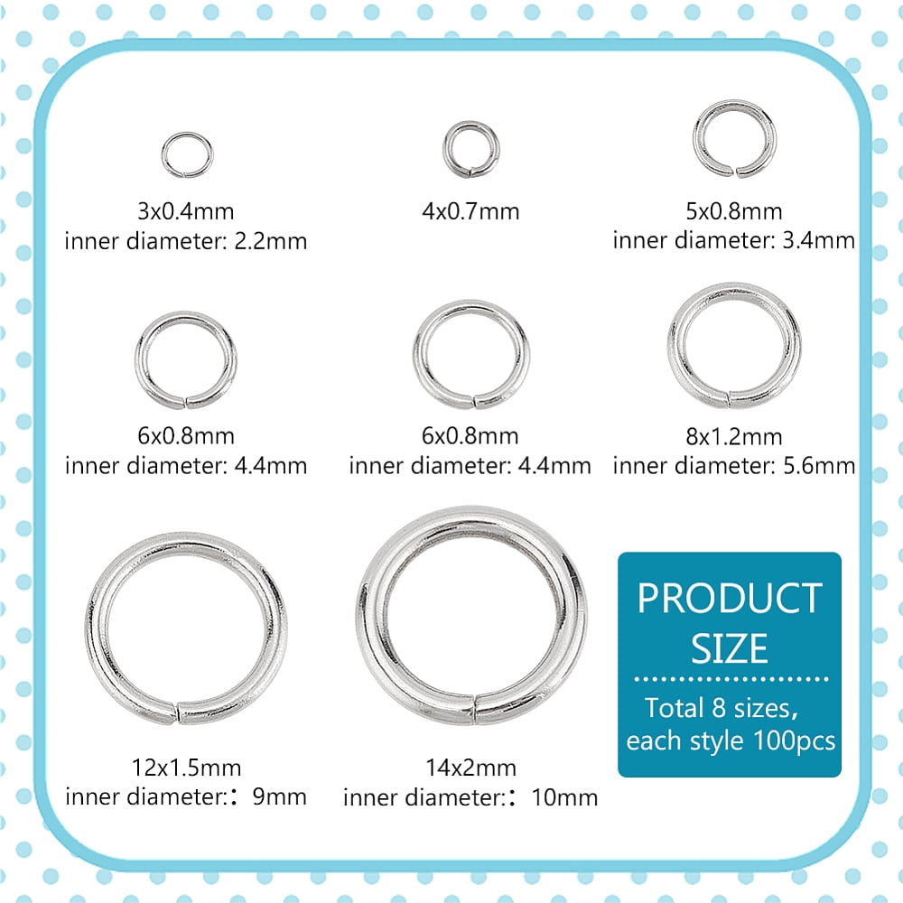 800Pcs 8 Styles 304 Stainless Steel Round Open Jump Rings Closed Jump Rings Stainless Steel Color 3-14x0.4-2mm Inner Diameter: 2.2-10mm 100pcs/style
