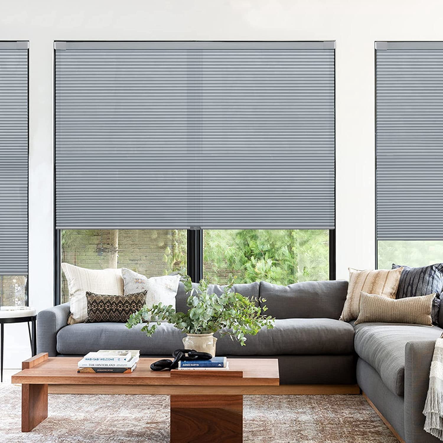 LazBlinds Cordless Cellular Shades, No Tools No Drill Light Filtering Honeycomb Shades Pleated Blinds for Windows, 35 1/2'' W x 64'' H, Dark Grey