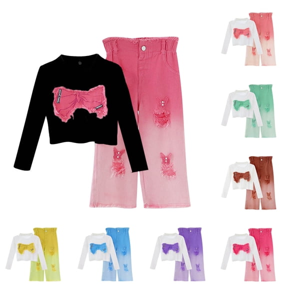THDHVS Toddler Girl Outfits, Embroidered Bow Top with Ombre Distressed Denim Set for Girls Spring Casual Fashion Outfit and Wear 7-8 Years
