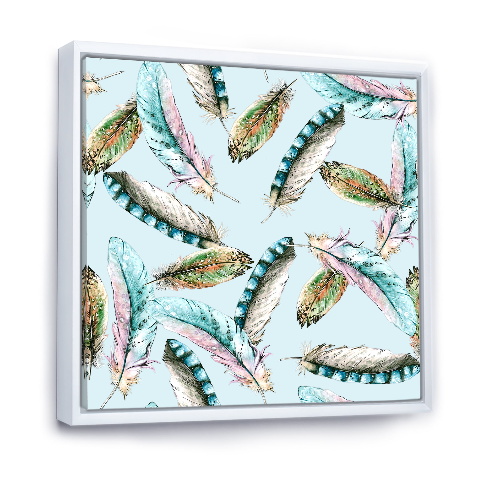 Green Bird Feathers On Blue Background 36 in x 36 in Framed Painting Canvas Art Print, by Designart