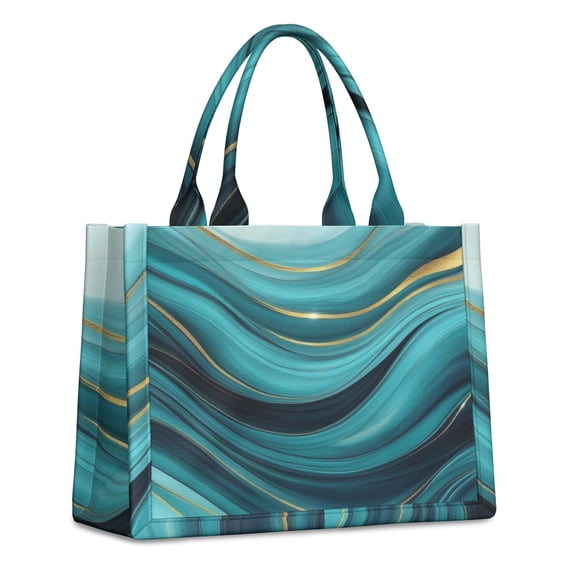 Large Capacity Tote Bag,Teal Marble Gold Wave Pattern Handbag Fashion Luxury Tote Bag,15.7"x13"x 5.1" Inches,Laptop Compatible