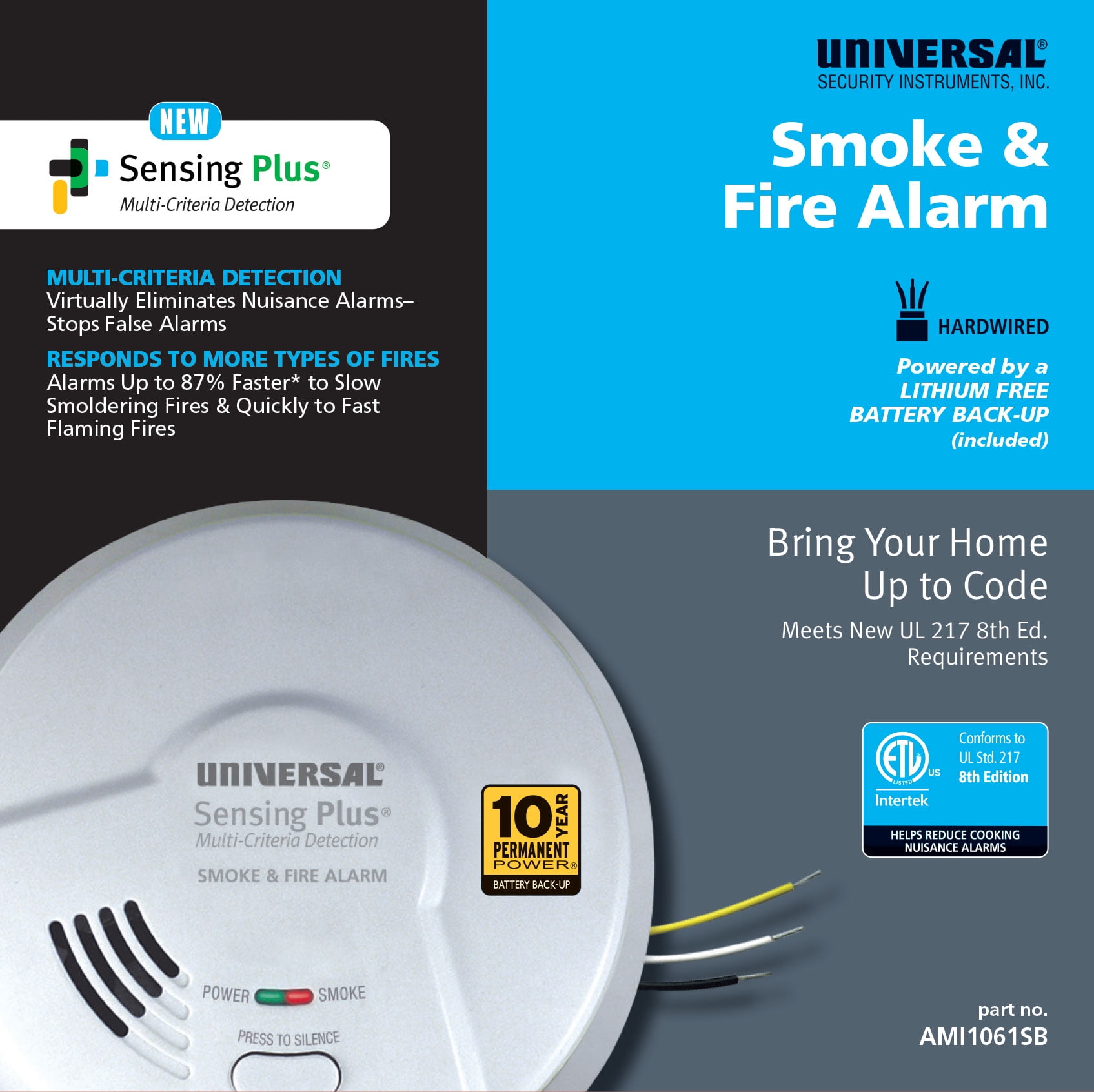 Universal Security Instruments, Sensing Plus, Hardwired Smoke & Fire Alarm, Multi-Criteria Detection, with 10 Year Battery Backup