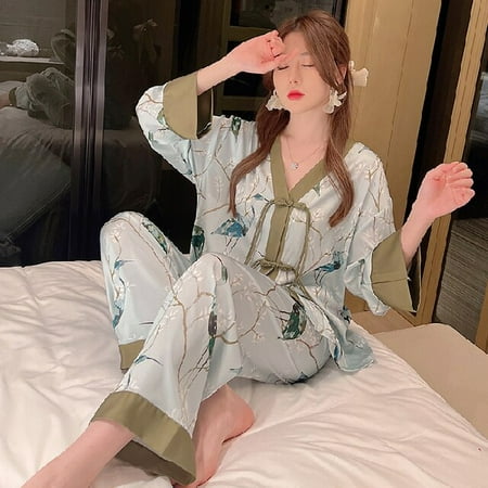

PIKADINGNIS Spring Summer Luxury Women Pajamas Set Faux Silk Satin Pajamas Long Sleeve Two Piece Sleepwear Nightwear Set New Home Wear Cloth