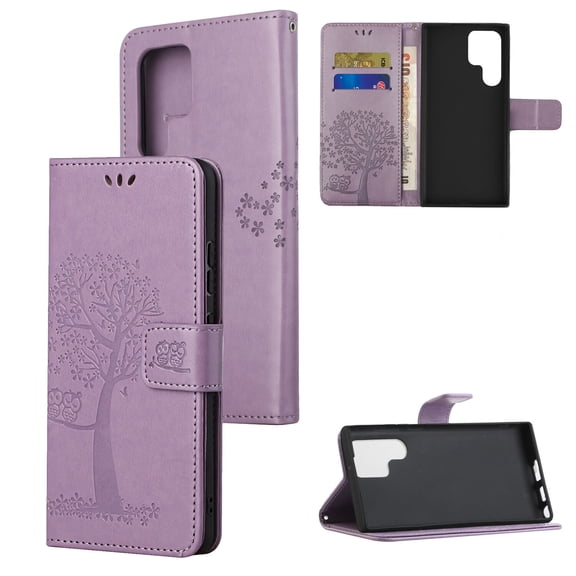 Galaxy S23 Ultra (6.8" 2023) PU Leather Case with Embossed Tree, [Kickstand & Card Slots & Lanyard] Anti-fall Shockproof Full-body Protective for Girls Women, Lightpurple