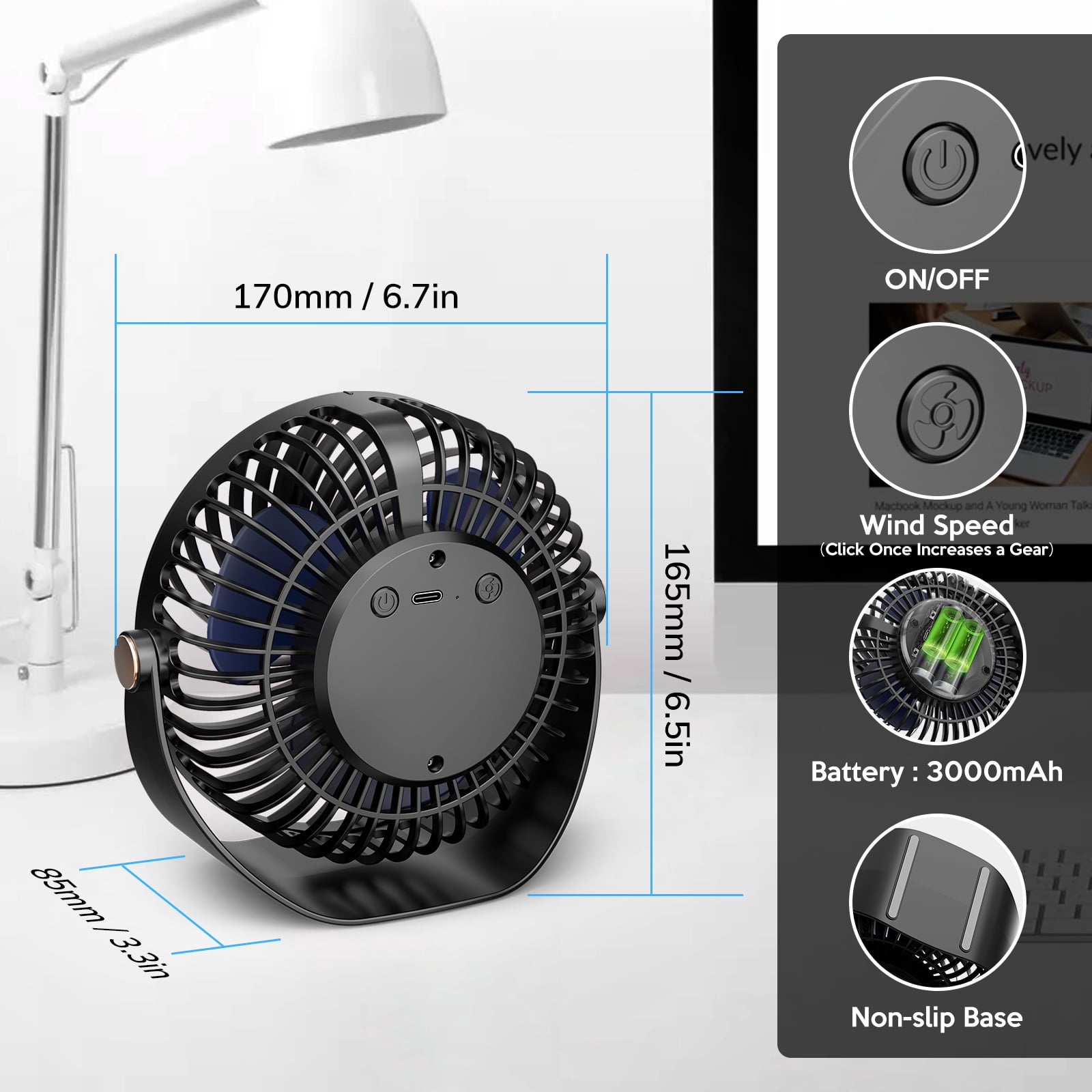 6" Table Fans for Home, Portable Desktop Fan 360°-Degree Adjustable Tilt, 3000mAh USB Rechargeable Fan, 26db Low Noise, 5 Speeds, Child Friendly Quiet Small Desk Fan for Home, Bedroom, Dorm & Office
