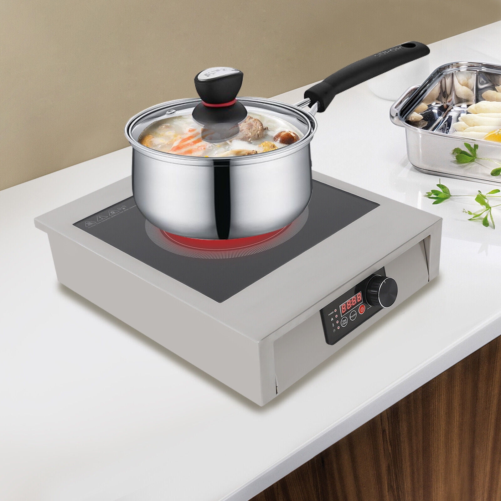 High-Power Commercial Induction Cooktop - 3500W Electric Burner, Energy Efficient, Adjustable Temperature, Overheat Protection, Stainless Steel & Black Crystal Panel