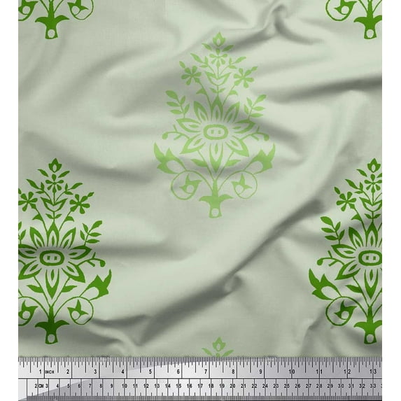 Soimoi Silk Fabric Leaves & Floral Block Print Fabric by The Yard 42 Inch Wide