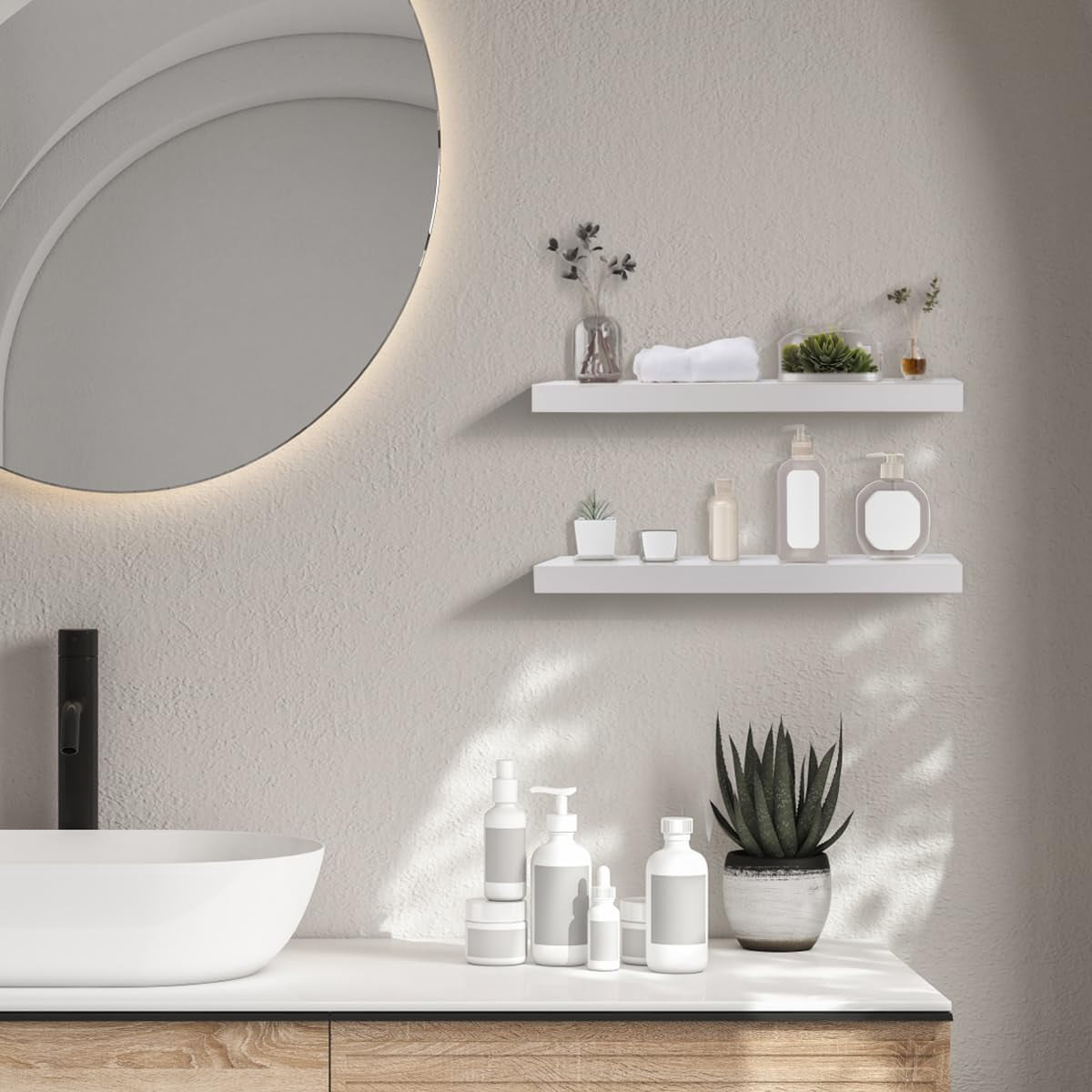 HAPOO 23.6 inch Wood Floating Shelves Wall Mounted Shelves, White, Set of 2