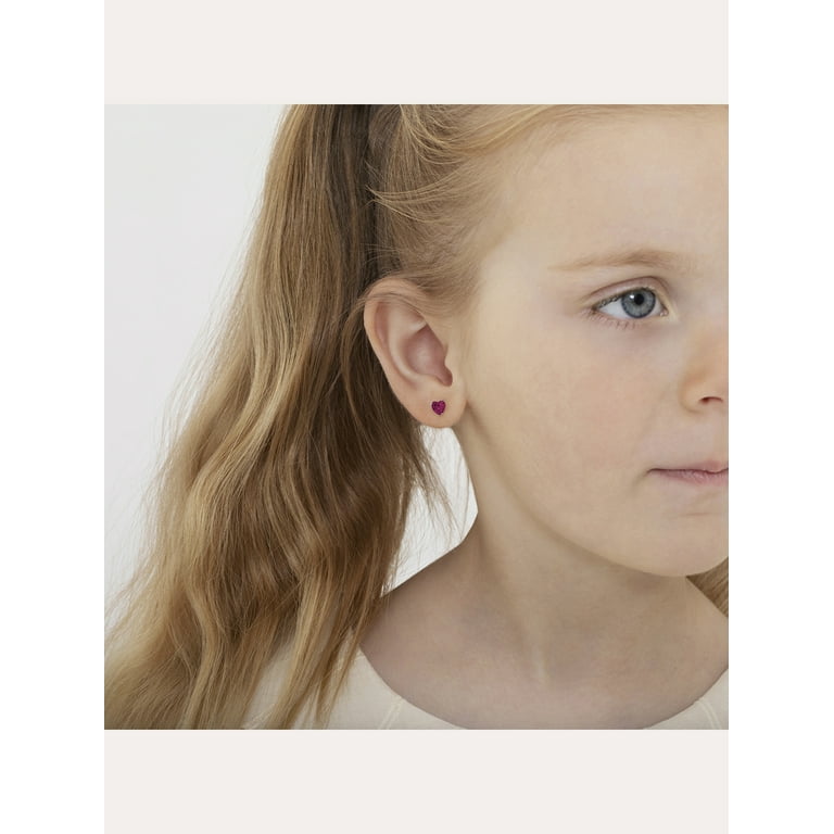 Diamond Cut Heart Shape Child Stud Earrings Screw Back 14K Solid