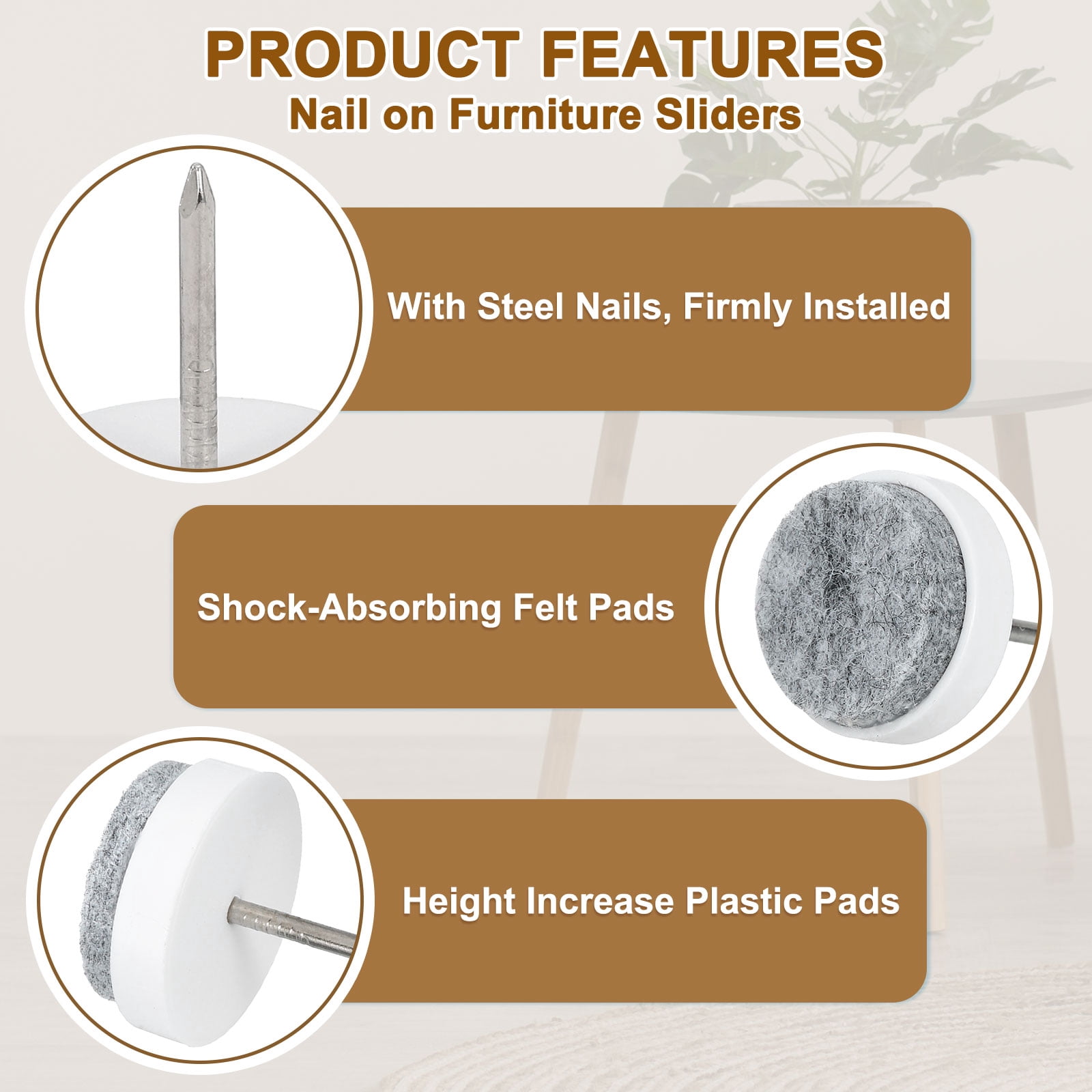 Nail-on Furniture Sliders, 50Pack Nail-on Felt Pads Round Chair Table Feet Pads Chair Leg Floor Protectors for Hardwood Floors (White, 30mm/1.18")