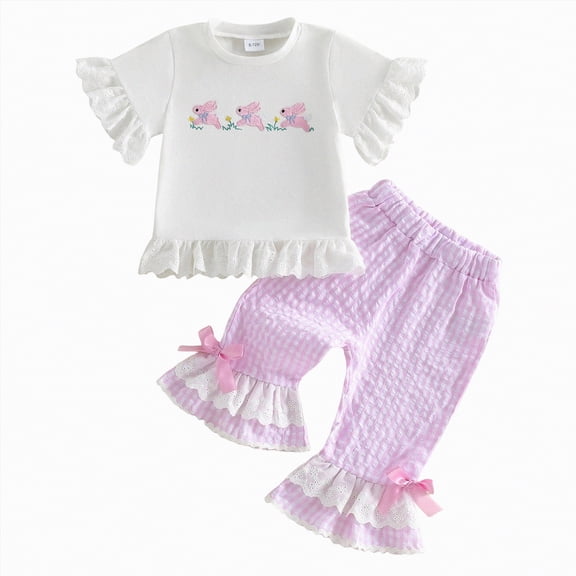Kaprioy My First Easter Baby Girl Outfit Girls Clothes Easter Baby Girl Outfit Bunny Short Sleeve Tops Plaid Bell Bottoms Flared Pants Set Toddler Summer Clothes