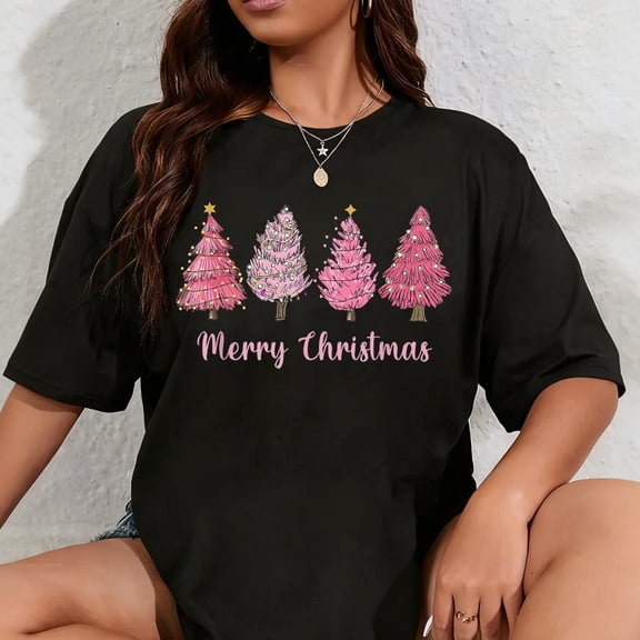 100% Cotton Merry and Bright Pink Christmas Tree Pink Christmas Tree T-Shirt