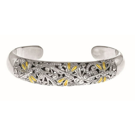 Dragonfly Cuff Bracelet - Sterling Silver 18k Yellow Gold Oxidized 0.25ct. Diamond Dragonfly Cuff Bangle Bracelet