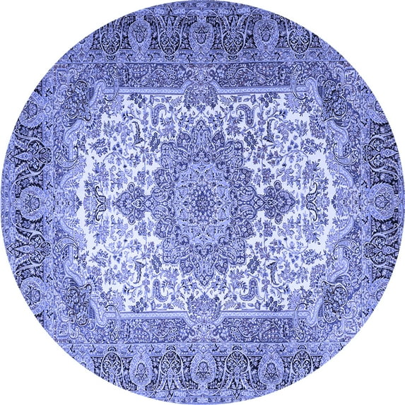 Ahgly Company Machine Washable Indoor Round Medallion Blue Traditional Area Rugs, 4' Round