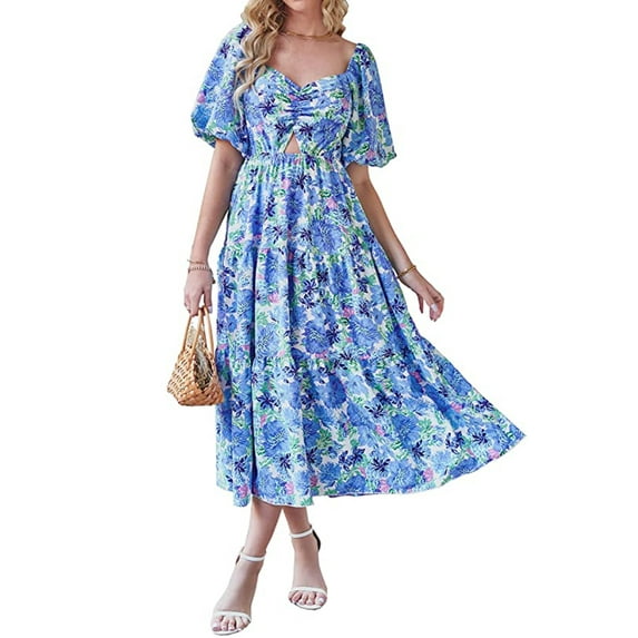Biekopu Women's Summer Beach Dress,Casual Short Sleeve Floral Print Long Ruched Boho Dress