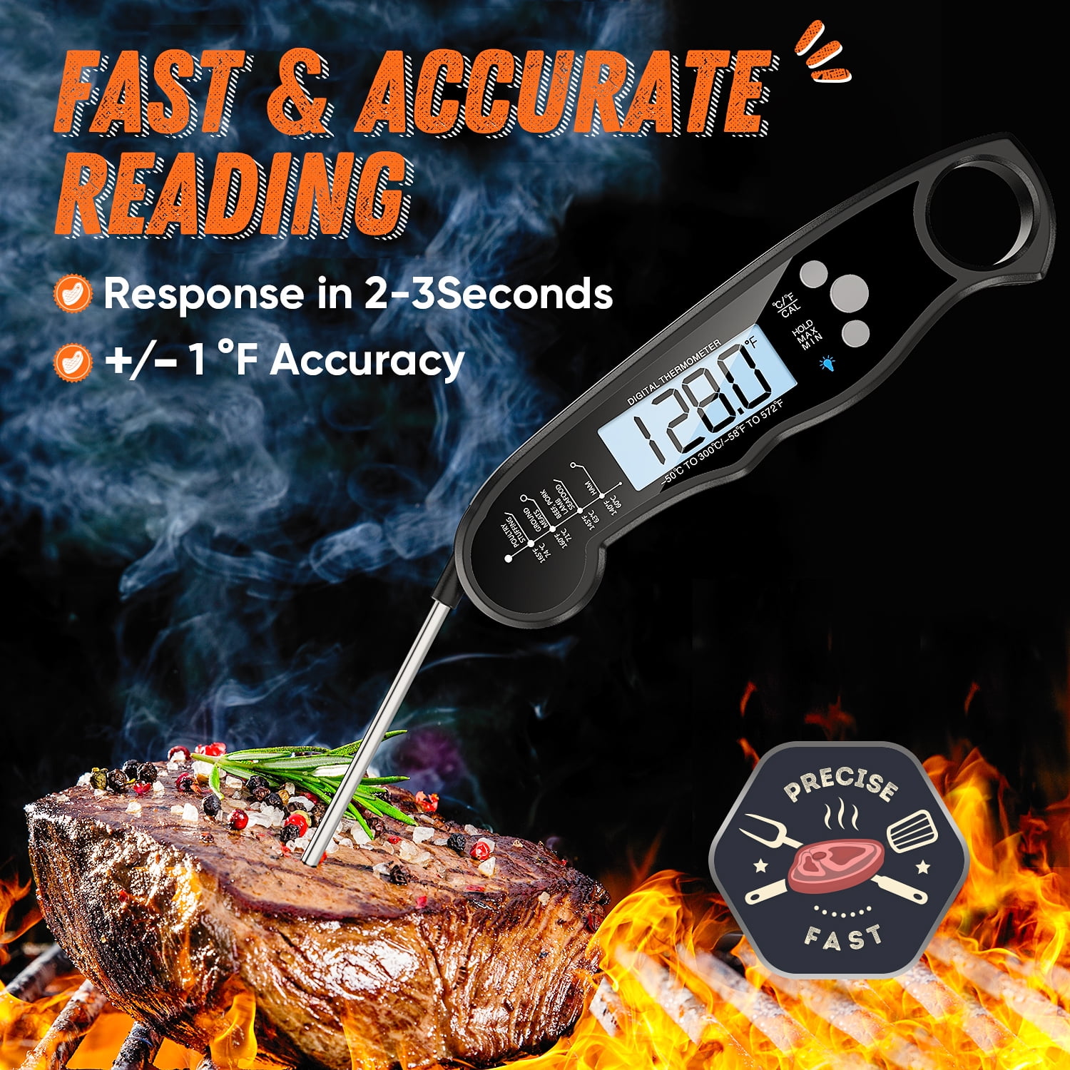 Instant Read Meat Thermometer for Grill and Cooking, Fast and Accurate Digital Food Thermometer with Backlit Bi-Fold Probe for Kitchen Ovens, Frying