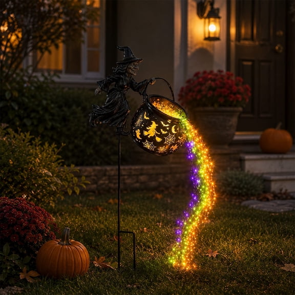Halloween Witch Cauldron Garden Light with LED Projector and Stake, Waterfall-Style Enchanted Witch Cauldron Garden Decoration, for Garden,Patio,Lawn,Pathway and Fall Party Decoration