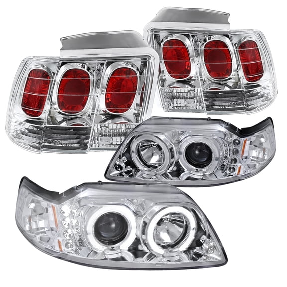 Spec-D Tuning Chrome Clear Halo Projector Headlights LED Bumper Fog Lamps Compatible with Ford Mustang Left Right Pair Headlamps Assembly