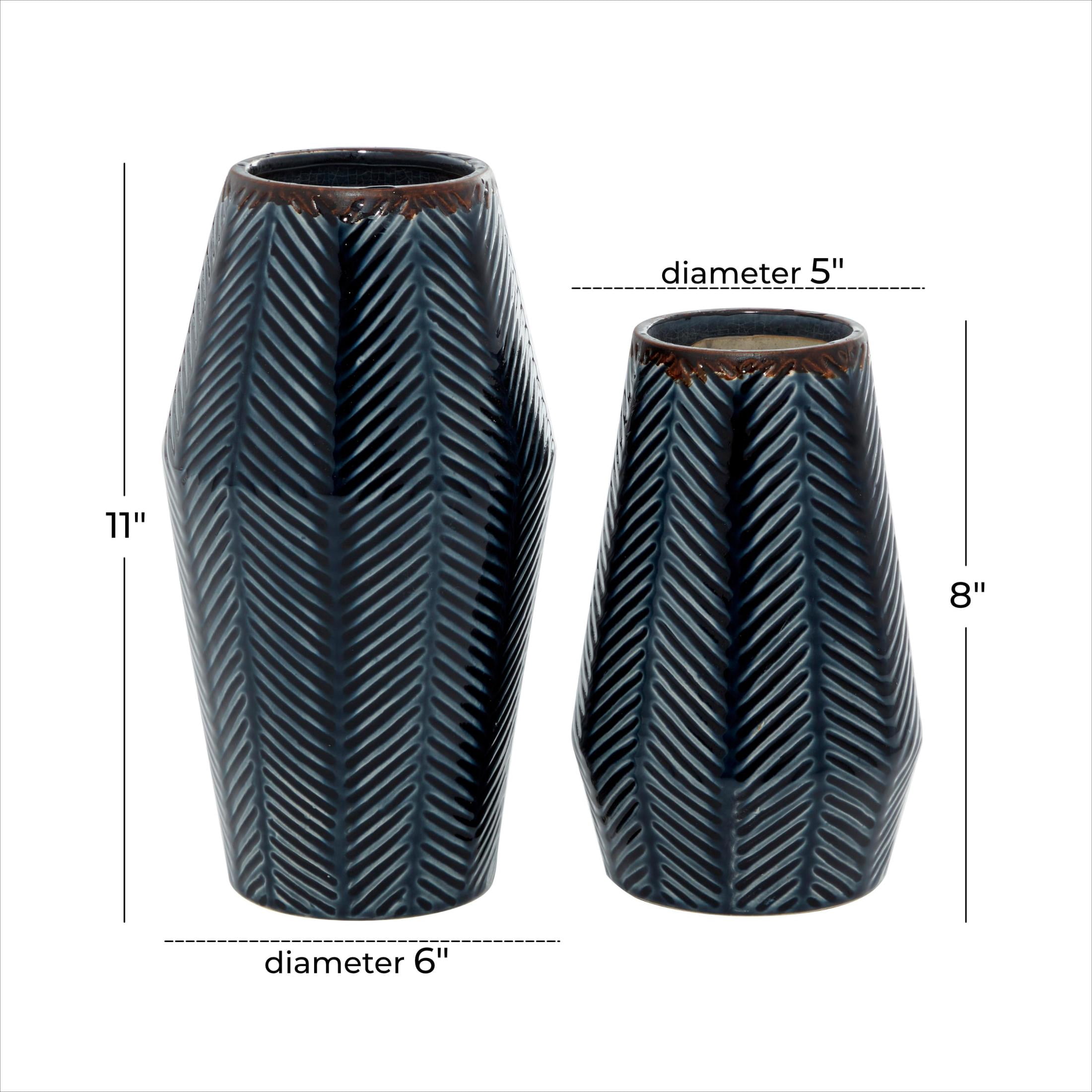 DecMode 11", 8"H Handmade Chevron Dark Blue Ceramic Vase, Set of 2