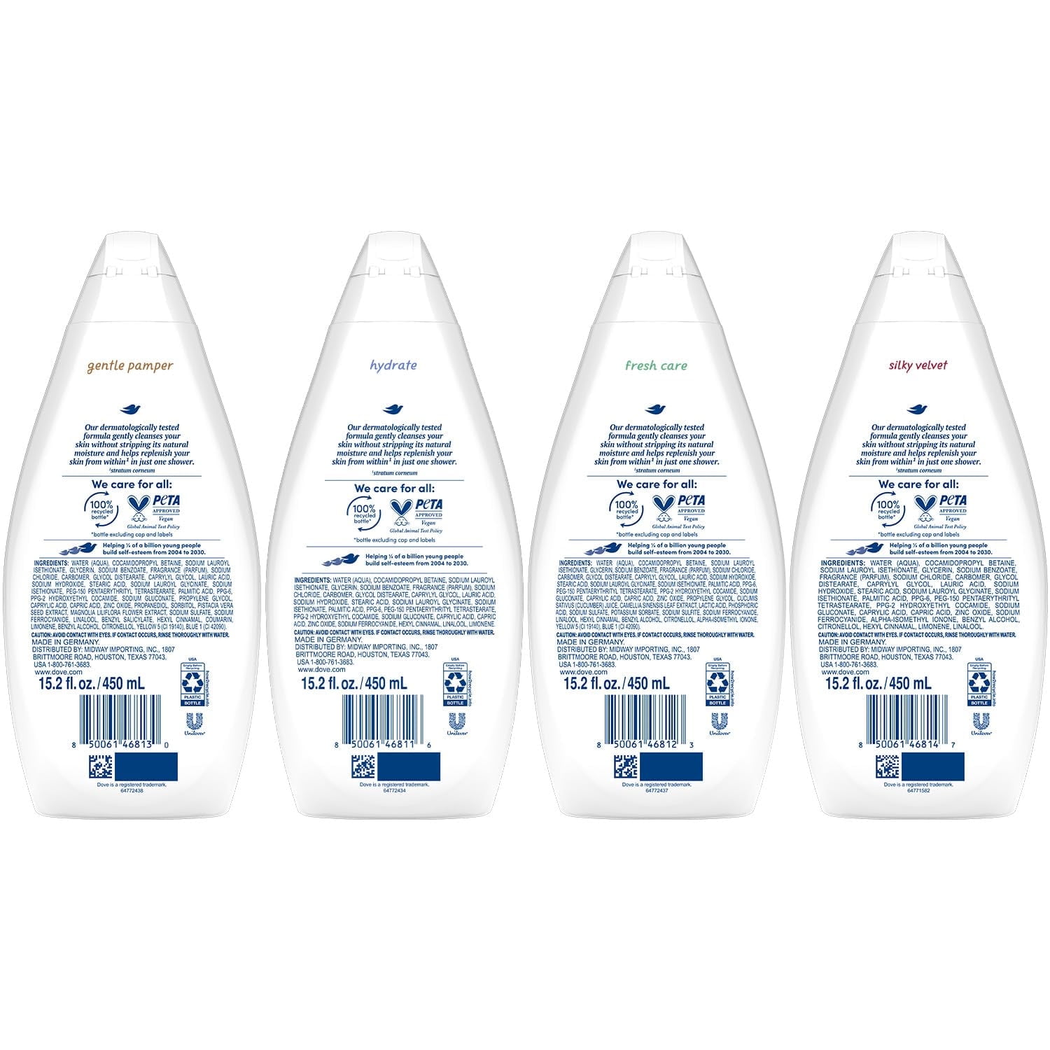 Dove Body Wash Variety OIF8&nbsp;- Hydrate, Gentle Pamper, Fresh Care, and Silky Velvet, 15.22 Oz Ea