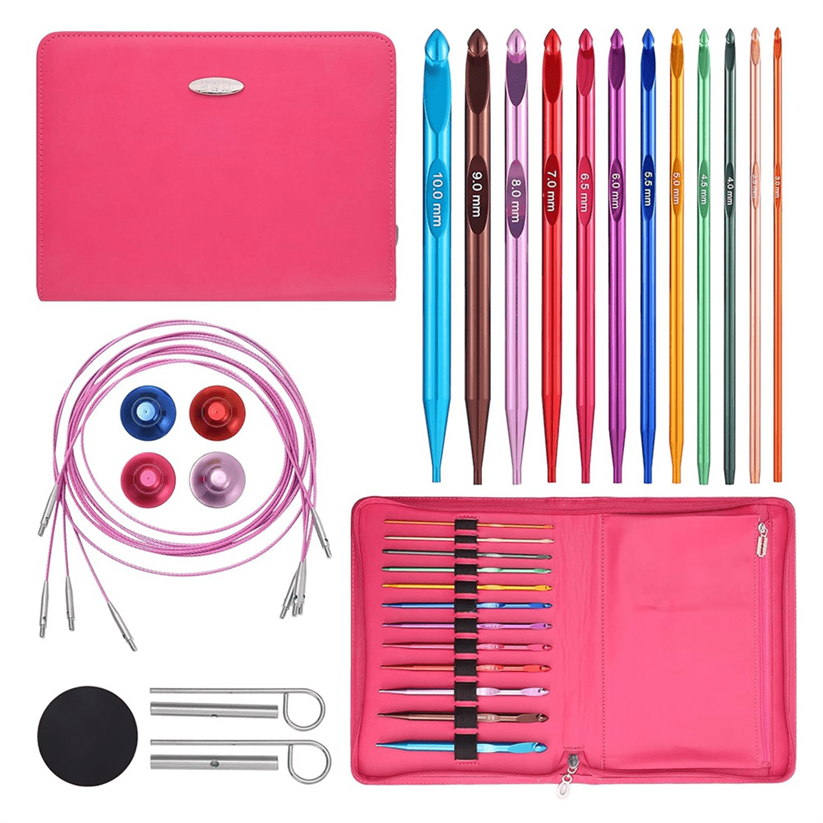 Tunisian Crochet Hooks Set with Cable, 6-Inch Aluminum Interchangeable Crochet Hooks 3mm-10mm, Long Crochet Hooks,1set x Tunisian Crochet Hooks