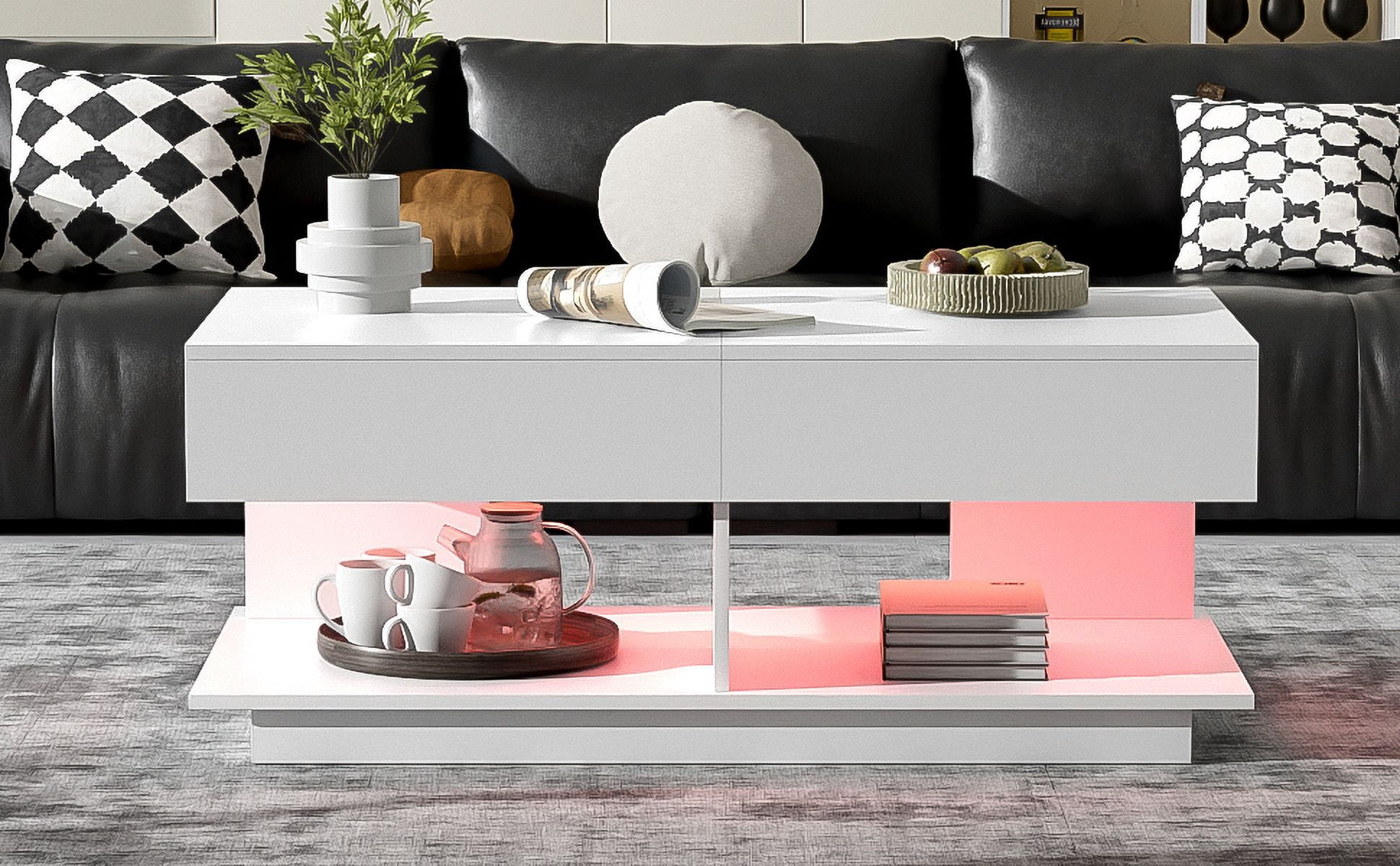 Euroco Modern Extendable LED Coffee Table with Storage and High-Gloss Finish